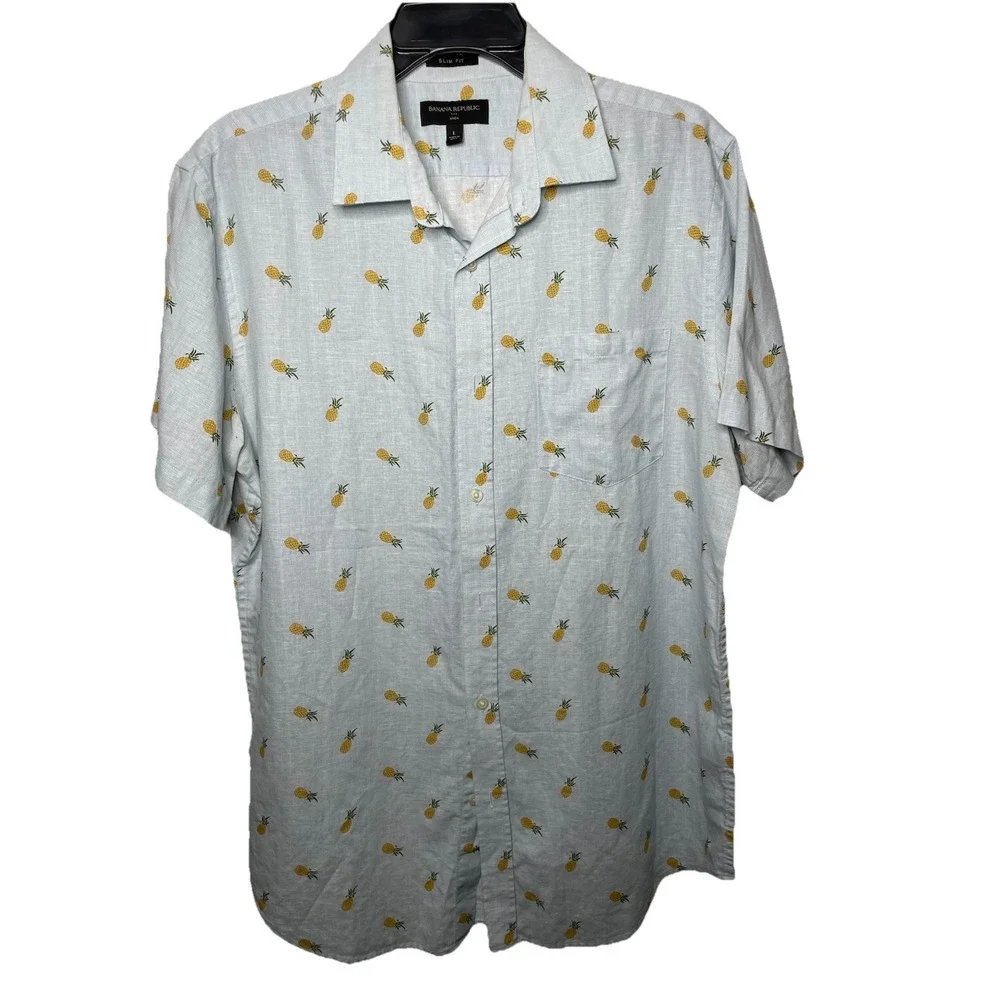 Banana Republic Mens size large Pineapple Print Linen Cotton Slim Fit Summer
